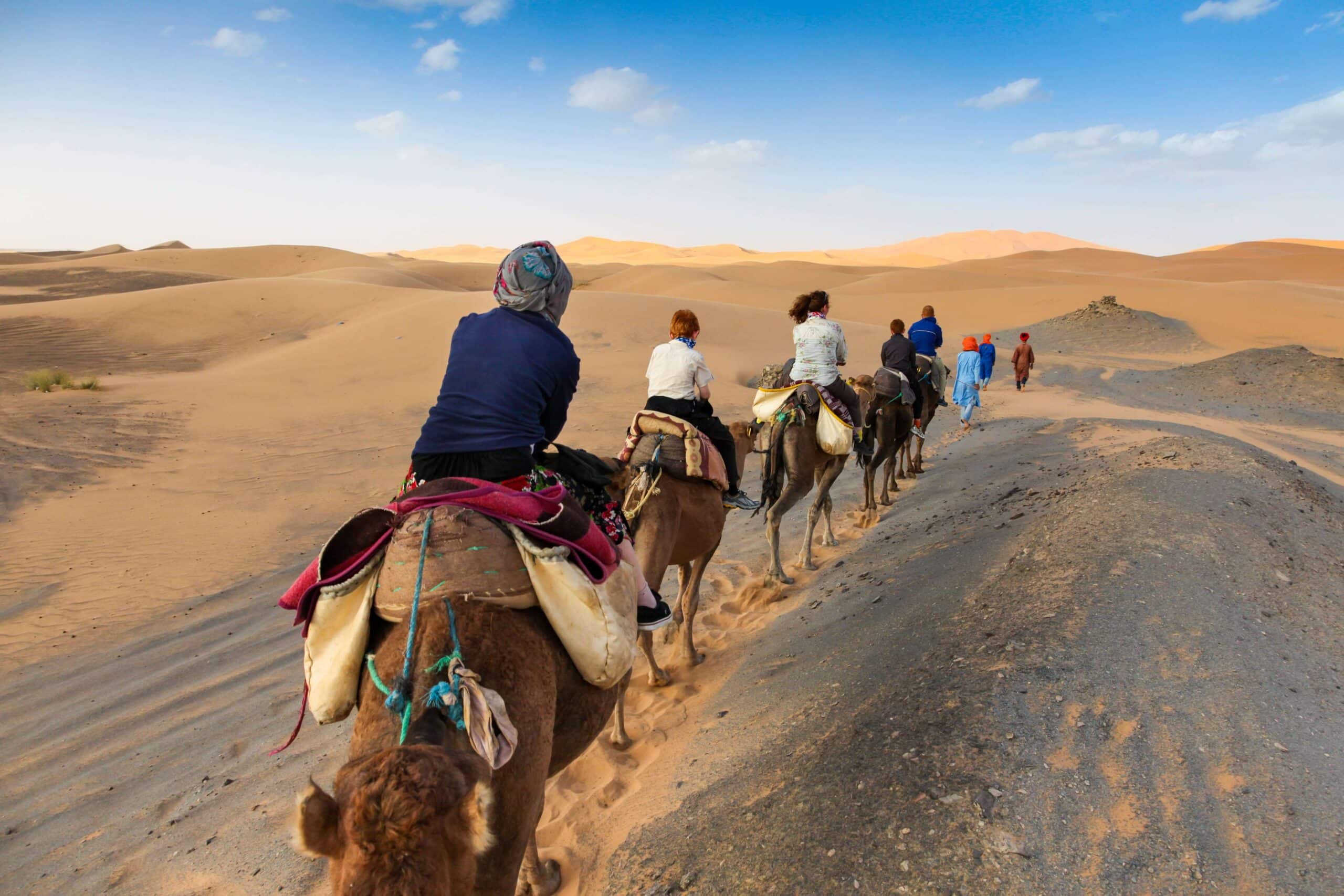 Family on a camel back tour through the Sahara Desert